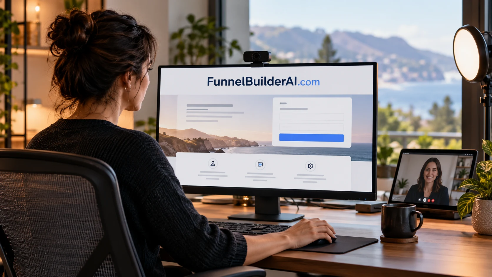 A guided funnel builder for independent consultants illustrated in a realistic product planning scene